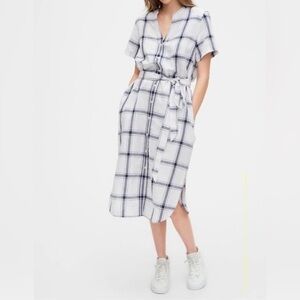 GAP Checkered Tie-Waist Midi Dress (Cotton / Linen)